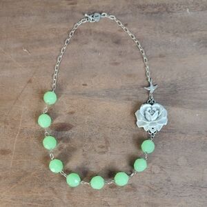Elegant Silver and Green Beaded Necklace With Bird And Gray Rose